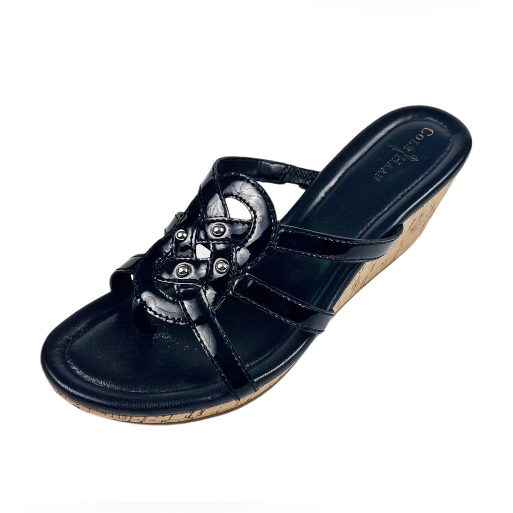 Cole Haan Womens Black Leather Slip On Strappy Wedge Sandals Size 7